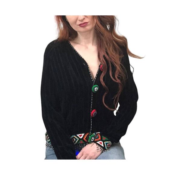 Berek Takako Sakon Beaded Chenille Cardigan Sweater M Boho Southwestern Tassel - Picture 4 of 16